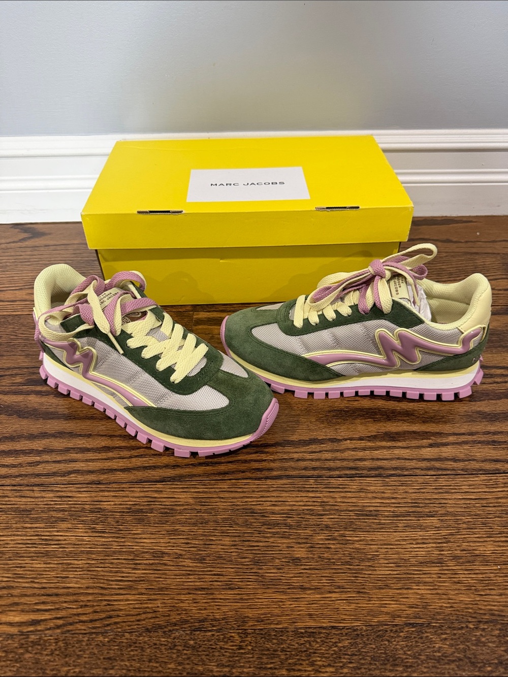 Marc Jacobs Green, Pink & Cream Suede Mesh Runner Sneakers - Picture 3 of 3